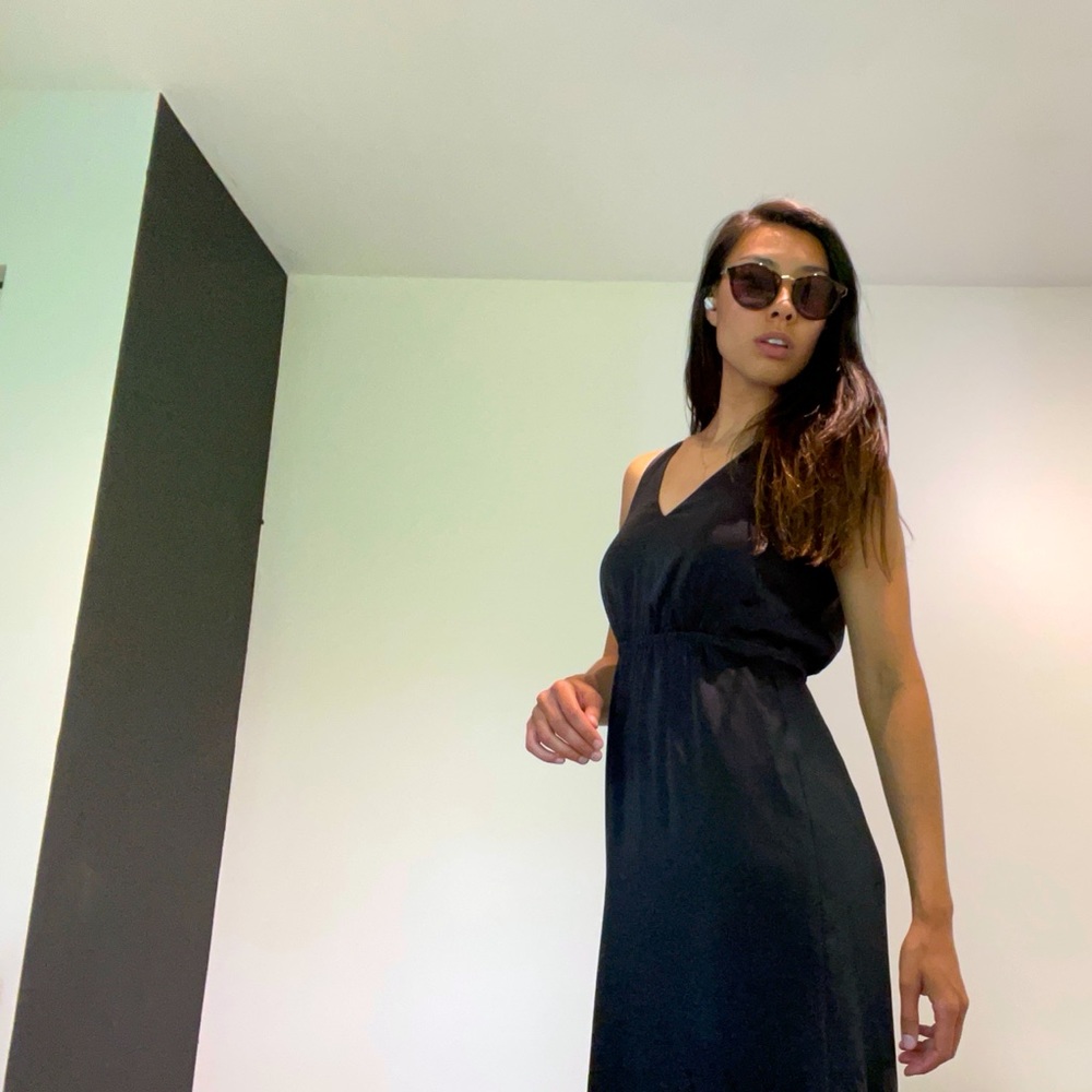 0 black madewell silk elastic knee length dress